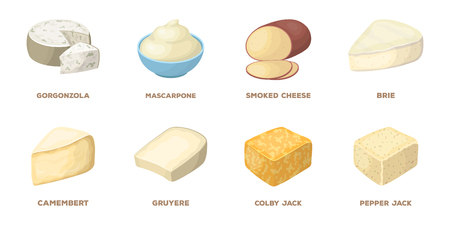 Different kind of cheese icons in set collection for design.Milk product vector symbol stock web illustration.のイラスト素材