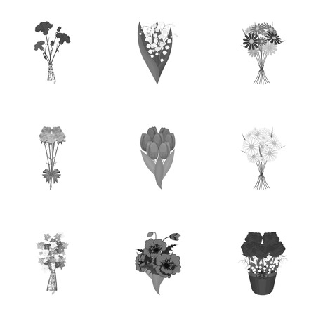A bouquet of fresh flowers monochrome icons in set collection for design. Various bouquets vector symbol stock web illustration.のイラスト素材