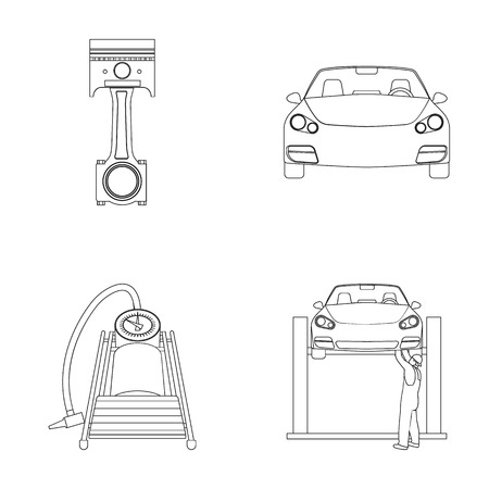 Car on lift, piston and pump outline icons in set collection for design.Car maintenance station vector symbol stock illustration web.のイラスト素材