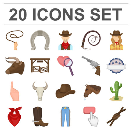 Rodeo, competition cartoon icons in set collection for design. Cowboy and equipment vector symbol stock web illustration.のイラスト素材