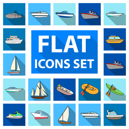 Water and sea transport flat icons in set collection for design. A variety of boats and ships vector symbol stock web illustration.のイラスト素材