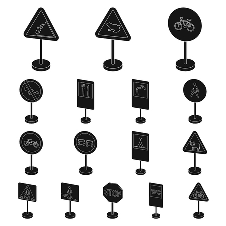 Different types of road signs black icons in set collection for design. Warning and prohibition signs vector symbol stock  illustration.のイラスト素材