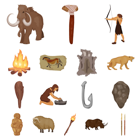 Life in the Stone Age cartoon icons in set collection for design. Ancient people vector symbol stock  illustration.のイラスト素材