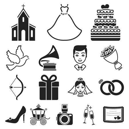 Wedding and Attributes black icons in set collection for design.Newlyweds and Accessories vector symbol stock web illustration.のイラスト素材