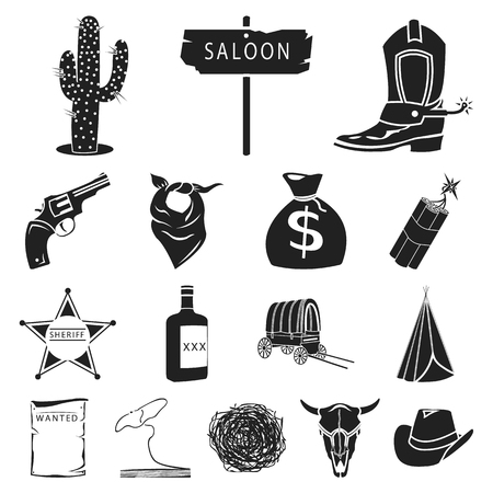 Attributes of the wild west black icons in set collection for design.Texas and America vector symbol stock web illustration.のイラスト素材