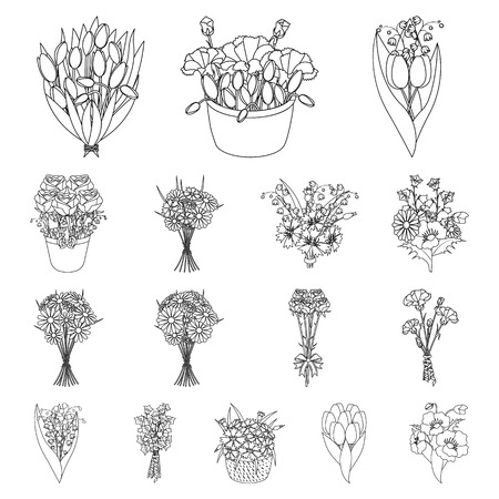 A bouquet of fresh flowers outline icons in set collection for design. Various bouquets vector symbol stock illustration.のイラスト素材