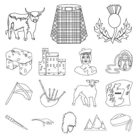 Country Scotland outline icons in set collection for design. Sightseeing, culture and tradition vector symbol stock web illustration.のイラスト素材