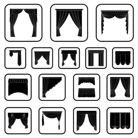 Different kinds of curtains black icons in set collection for design. Curtains and lambrequins vector symbol stock  illustration.のイラスト素材