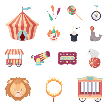 Circus and attributes cartoon icons in set collection for design. Circus Art vector symbol stock  illustration.のイラスト素材