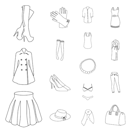 Women's Clothing outline icons in set collection for design.Clothing Varieties and Accessories vector symbol stock  illustration.のイラスト素材
