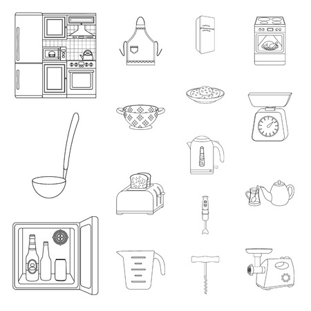 Kitchen equipment outline icons in set collection for design. Kitchen and accessories vector symbol stock  illustration.のイラスト素材