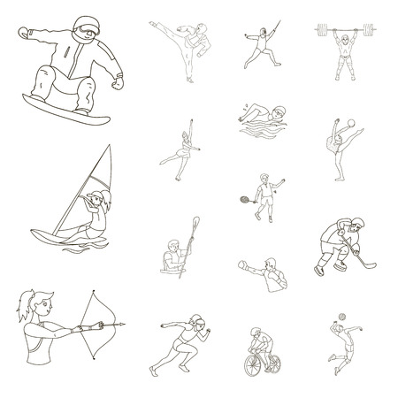 Different kinds of sports outline icons in set collection for design. Athlete, competitions vector symbol stock  illustration.のイラスト素材