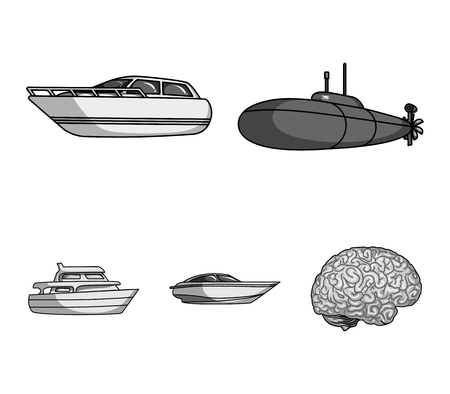 A military submarine, a speedboat, a pleasure boat and a spirit boat.Ships and water transport set collection icons in monochrome style vector symbol stock illustration web.のイラスト素材