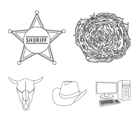 Tumbleweed, sheriffs star, hat, bulls skull. West West set collection icons in outline style vector symbol stock illustration web.のイラスト素材
