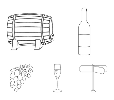 A bottle of red wine, a wine barrel, a glass of champagne, a bunch. Wine production set collection icons in outline style vector symbol stock illustration web.のイラスト素材