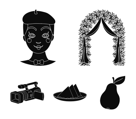 The arch is decorated with roses and silk, a clown in a cap, a plate with red napkins, a video camera. Event services set collection icons in black style vector symbol stock illustration web.のイラスト素材