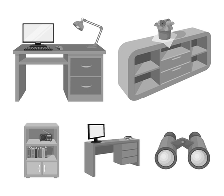 A shelf with a flower, a desk with a computer and a lamp ,a table with a monitor and a book, a cabinet with documents and a radio.Furniture and interior set collection icons in monochrome style isometric vector symbol stock illustration web.のイラスト素材