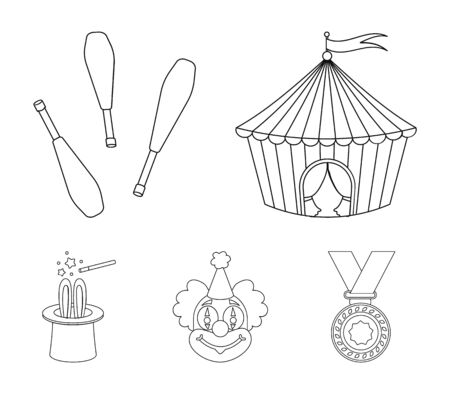 Circus tent, juggler maces, clown, magicians hat.Circus set collection icons in outline style vector symbol stock illustration web.のイラスト素材