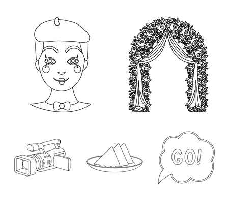 The arch is decorated with roses and silk, a clown in a cap, a plate with red napkins, a video camera. Event services set collection icons in outline style vector symbol stock illustration web.のイラスト素材