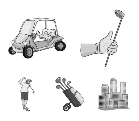 A gloved hand with a stick, a golf cart, a trolley bag with sticks in a bag, a man hammering with a stick. Golf Club set collection icons in monochrome style vector symbol stock illustration .のイラスト素材