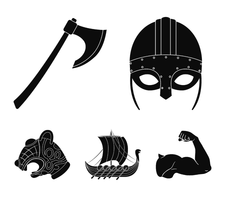 Viking helmet, battle ax, rook on oars with shields, dragon, treasure. Vikings set collection icons in black style vector symbol stock illustration web.のイラスト素材