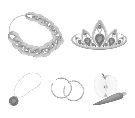 Tiara, gold chain, earrings, pendant with a stone. Jewelery and accessories set collection icons in monochrome style vector symbol stock illustration web.のイラスト素材