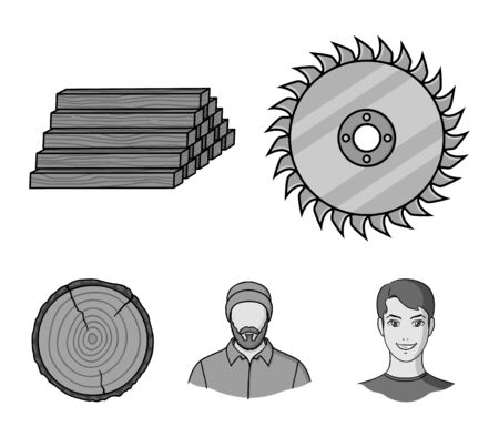 A sawmill and timber set collection icons such as a circular saw, a working carpenter and a  stack of logs which can be a stock for web illustration.のイラスト素材
