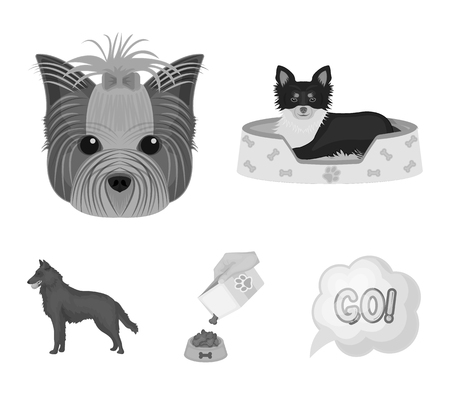 A dog in a lounger, a muzzle of a pet, a bowl with a feed, a sheepdog with a ball in his teeth.のイラスト素材