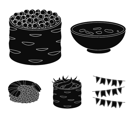 Bowl of soup, caviar, shrimp with rice. Sushi set collection icons in black style vector symbol stock illustration web.のイラスト素材