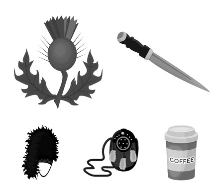 National Dirk Dagger, Thistle National Symbol, Sporran, glengarry. Scotland set collection icons in monochrome style vector symbol stock illustration web.のイラスト素材