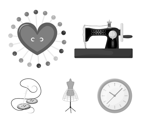 Needle and thread, sewing machine, pincushion, dummy for clothing. Sewing and equipment set collection icons in monochrome style vector symbol stock illustration web.のイラスト素材