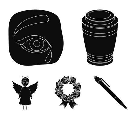 The urn with the ashes of the deceased, the tears of sorrow for the deceased at the funeral, the mourning wreath, the angel of death. Funeral ceremony set collection icons in black style. Vector symbol stock illustration web.のイラスト素材