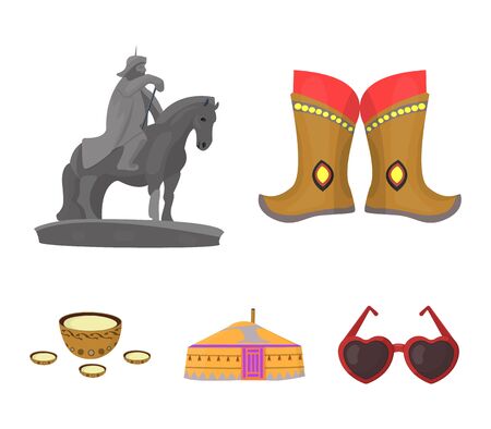 Military boots, a monument to the rider, a national tent, a milk drink. Mongolia set collection icons in cartoon style. Vector symbol stock illustration web.のイラスト素材