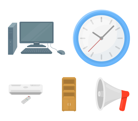 Clock with arrows, a computer with accessories for work in the office, a cabinet for storing business papers, air conditioning with remote control. Office Furniture set collection icons in cartoon style. Vector symbol stock illustration web.のイラスト素材