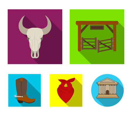 Gates, a bulls skull, a scarf around his neck, boots with spurs. Rodeo set collection icons in flat style vector symbol stock illustration web.のイラスト素材