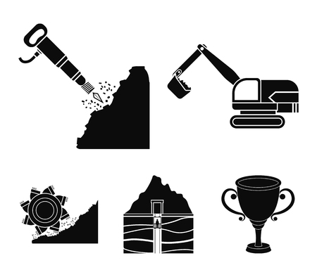 Excavator, tunnel, elevator, coal harvester and other equipment.Mine set collection icons in black style vector symbol stock illustration web.のイラスト素材