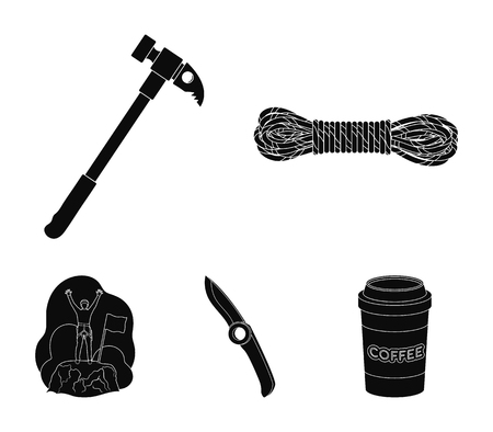 Climber on conquered top, coil of rope, knife, hammer.Mountaineering set collection icons in black style vector symbol stock illustration web.のイラスト素材