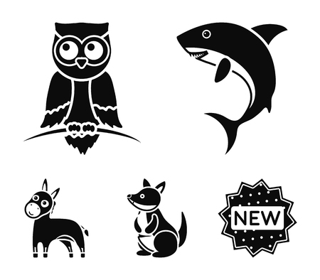 Donkey, owl, kangaroo, shark animal set collection icons in black symbol illustrationのイラスト素材