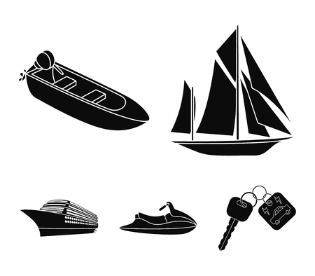 Ancient sailboat, motor boat, scooter, marine liner.Ships and water transport set collection icons in black style vector symbol stock illustration web.のイラスト素材