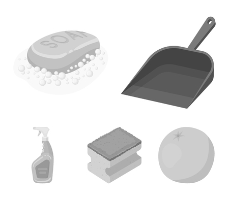 Blue scoop for garbage, pink soap with foam, sponge for washing, pulvelizer for with a means for windows. Cleaning set collection icons in monochrome style vector symbol stock illustration web.のイラスト素材