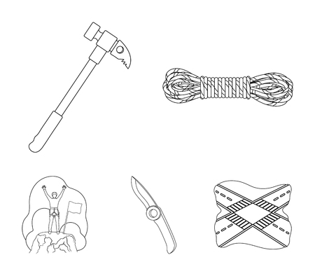 Climber on conquered top, coil of rope, knife, hammer.Mountaineering set collection icons in outline style vector symbol stock illustration .のイラスト素材