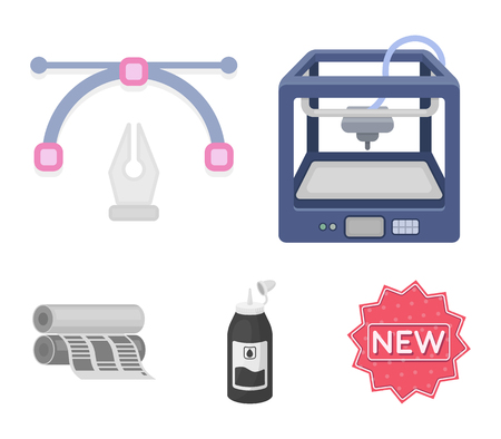 Typography set collection icons in cartoon style with 3D printer, newspaper printer, ink and pen.のイラスト素材