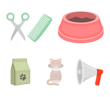 A bowl with food, a haircut for a cat, a sick cat, a package of feeds.?at set collection icons in cartoon style vector symbol stock illustration .のイラスト素材