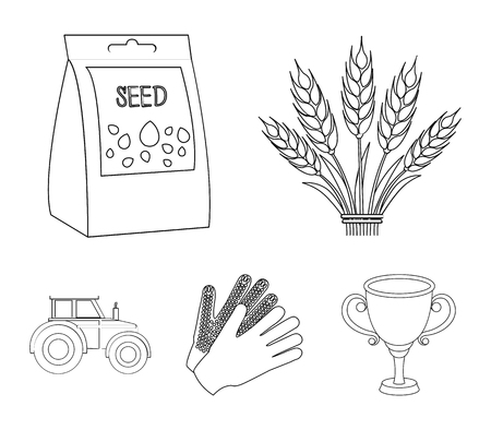 Spikelets of wheat, a packet of seeds, a tractor, gloves.Farm set collection icons in outline style vector symbol stock illustration web.のイラスト素材
