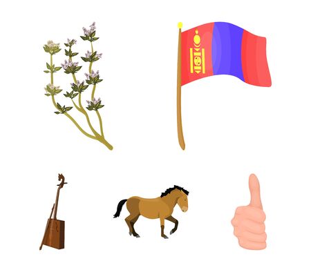 National flag, horse, musical instrument, steppe plant. Mongolia set collection icons in cartoon style vector symbol stock illustration web.のイラスト素材