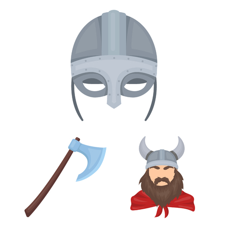 Vikings and attributes cartoon icons in set collection for design.Old Norse Warrior vector symbol stock web illustration.のイラスト素材