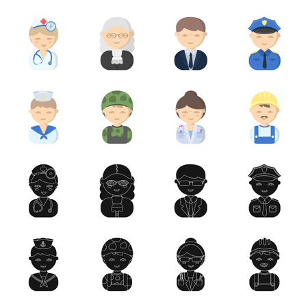 Sailor, soldier, scientist, builder. Profession set collection icons in black, cartoon style vector symbol stock illustrationのイラスト素材