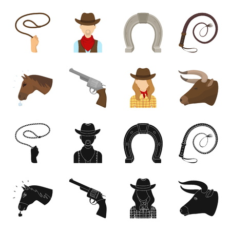 Head of a horse, a bull s head, a revolver, a cowboy girl. Rodeo set collection icons in black,cartoon style vector symbol stock illustration .のイラスト素材