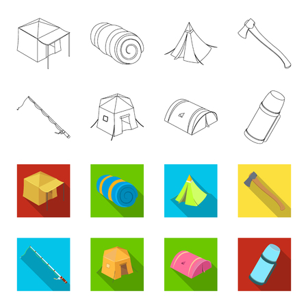 Spinning for fishing, tent, thermos.Tent set collection icons in outline,flet style vector symbol stock illustration .のイラスト素材