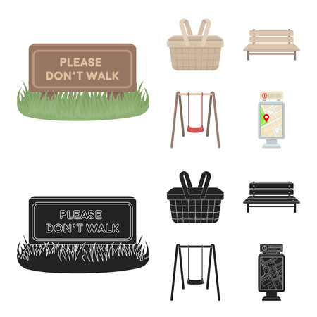 Lawn with a sign, a basket with food, a bench, a swing. Park set collection icons in cartoon, black style vector symbol stock illustration web.のイラスト素材